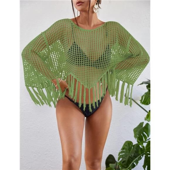 Crochet Cover Up for Women Hollow Out Swimsuit Coverup Long Sleeve Beach Top - Picture 3 of 6